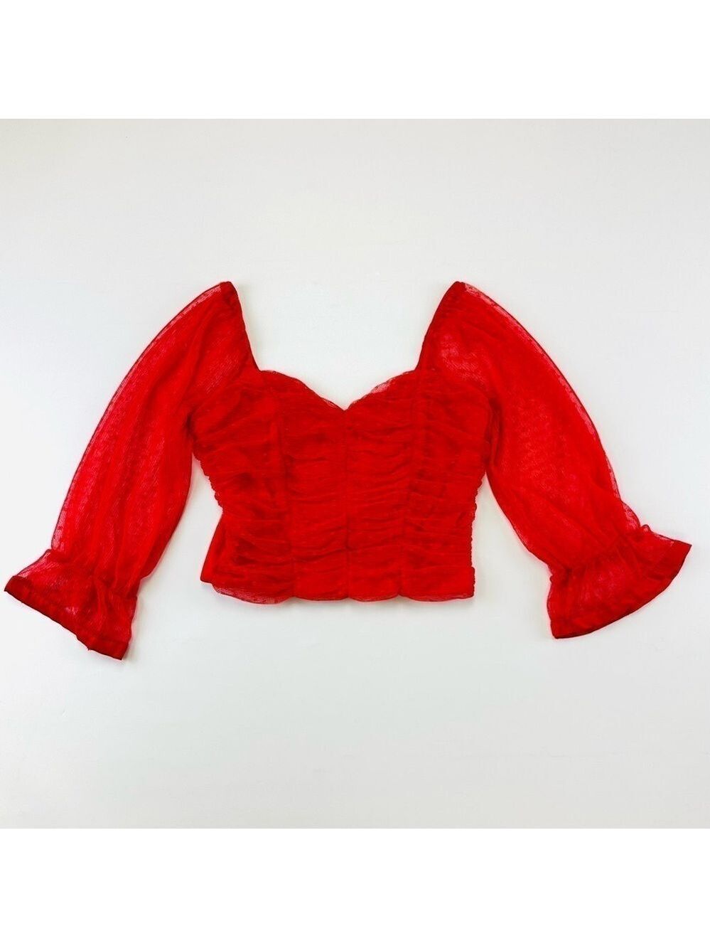 Haute Mode red polkadot sheer cropped ruched mesh blouse Small Coquette Girl